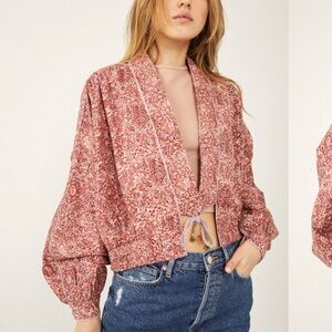 Free People Pink Puff Sleeve Cropped Blouse